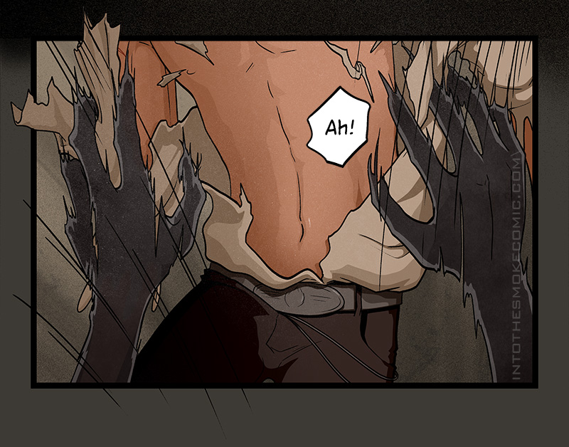 Alastor’s clawed hands tear Blaze’s shirt open as he lets out a startled gasp.