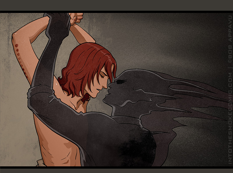 With Blaze stripped to the waist, Alastor holds Blaze’s wrists against the wall above his head and leans in, their lips approaching each other’s.