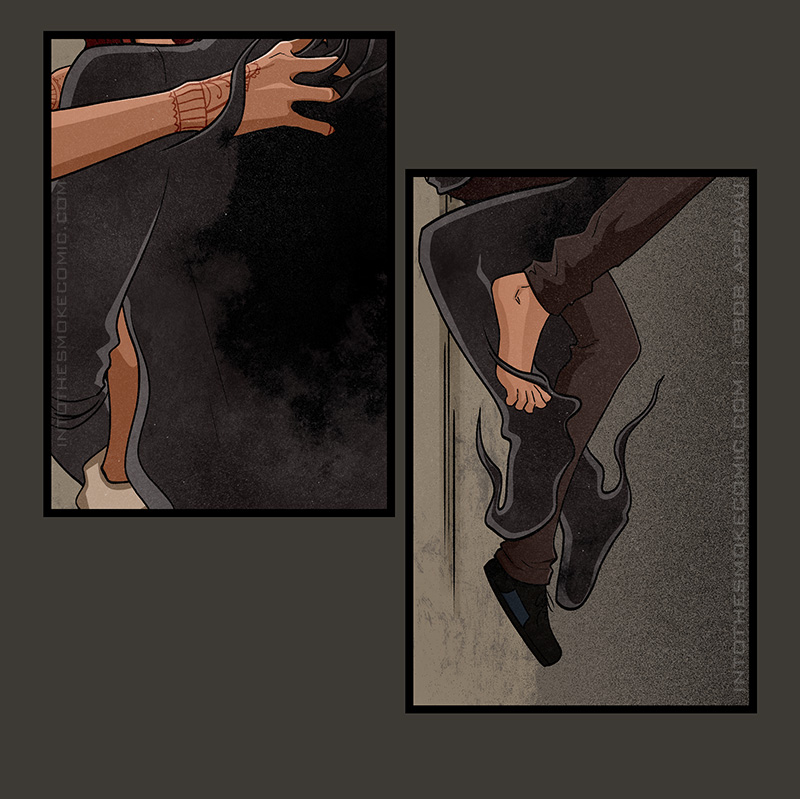 Blaze clutches Alastor’s back, tendrils of smoke wafting around his fingers. As they hover against the wall, their legs are intertwined.