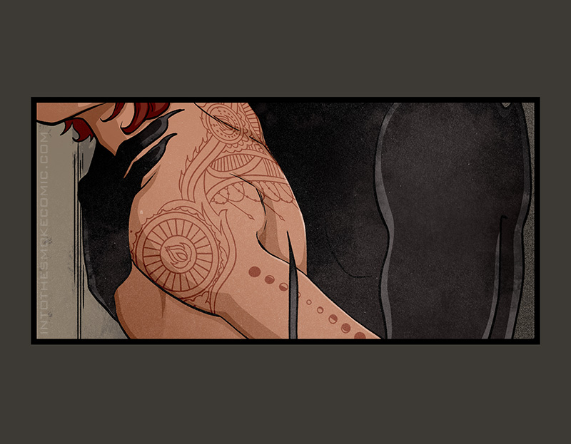 Alastor turns Blaze to face the wall, exposing his elaborate back tattoos.