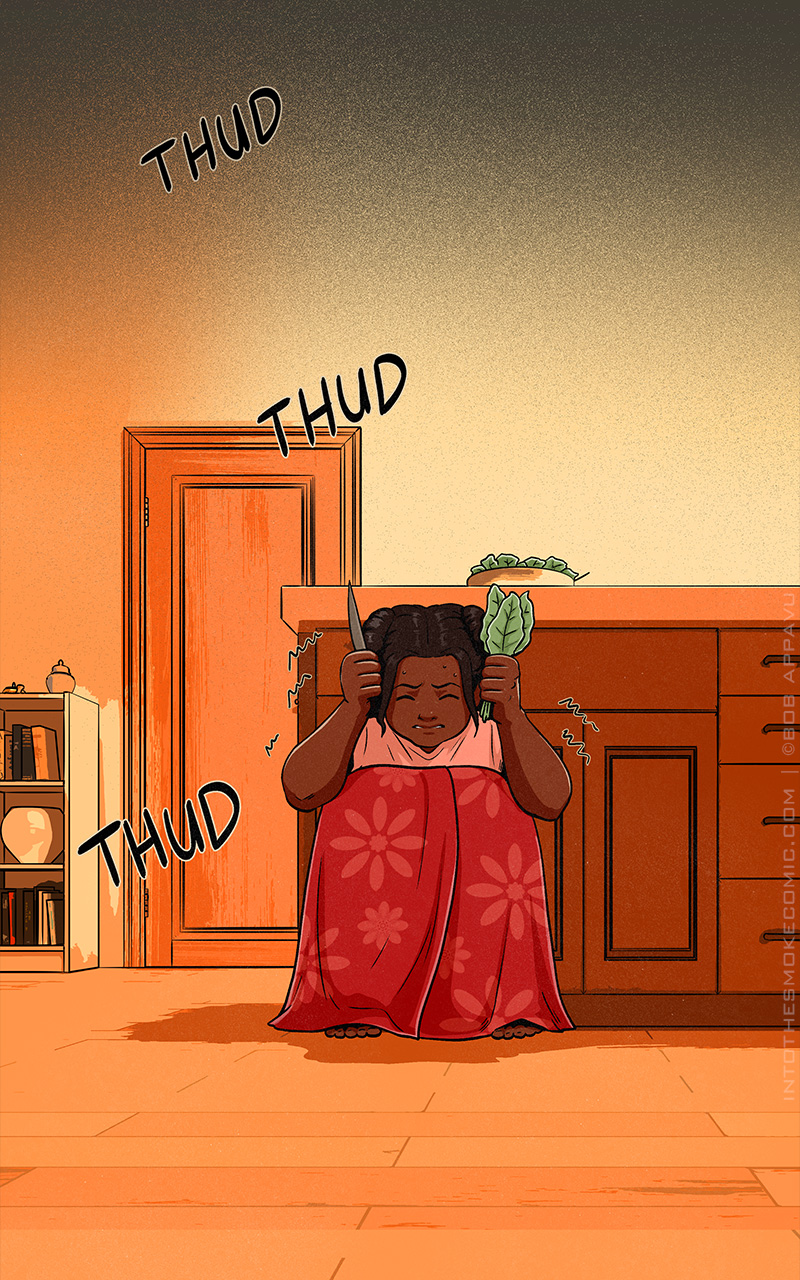 As the thudding continues, the homeowner crouches behind her kitchen counter island, clutching her knife and salad greens while she trembles in fear.
