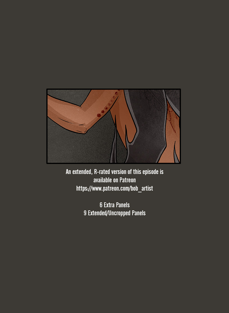 A cropped shot shows Blaze’s bare arm and back as Alastor hovers behind him. Text reads, “An extended, R-rated version of this episode is available on Patreon. https://www.patreon.com/bob_artist - 6 extra panels, 9 extended/uncropped panels.
