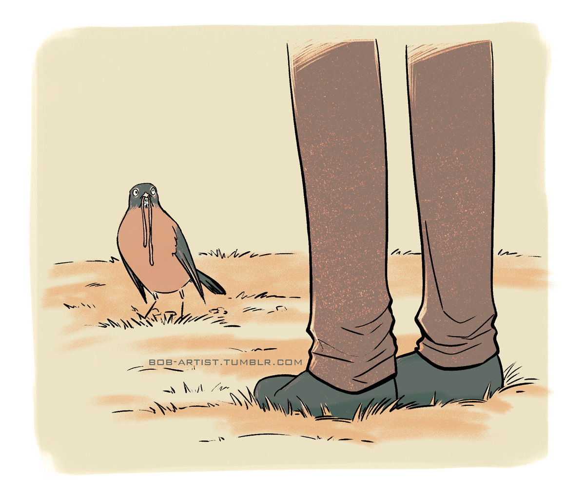 Preview panel from my robin minicomic, showing a robin with a worm in its mouth looking up at a person standing nearby.