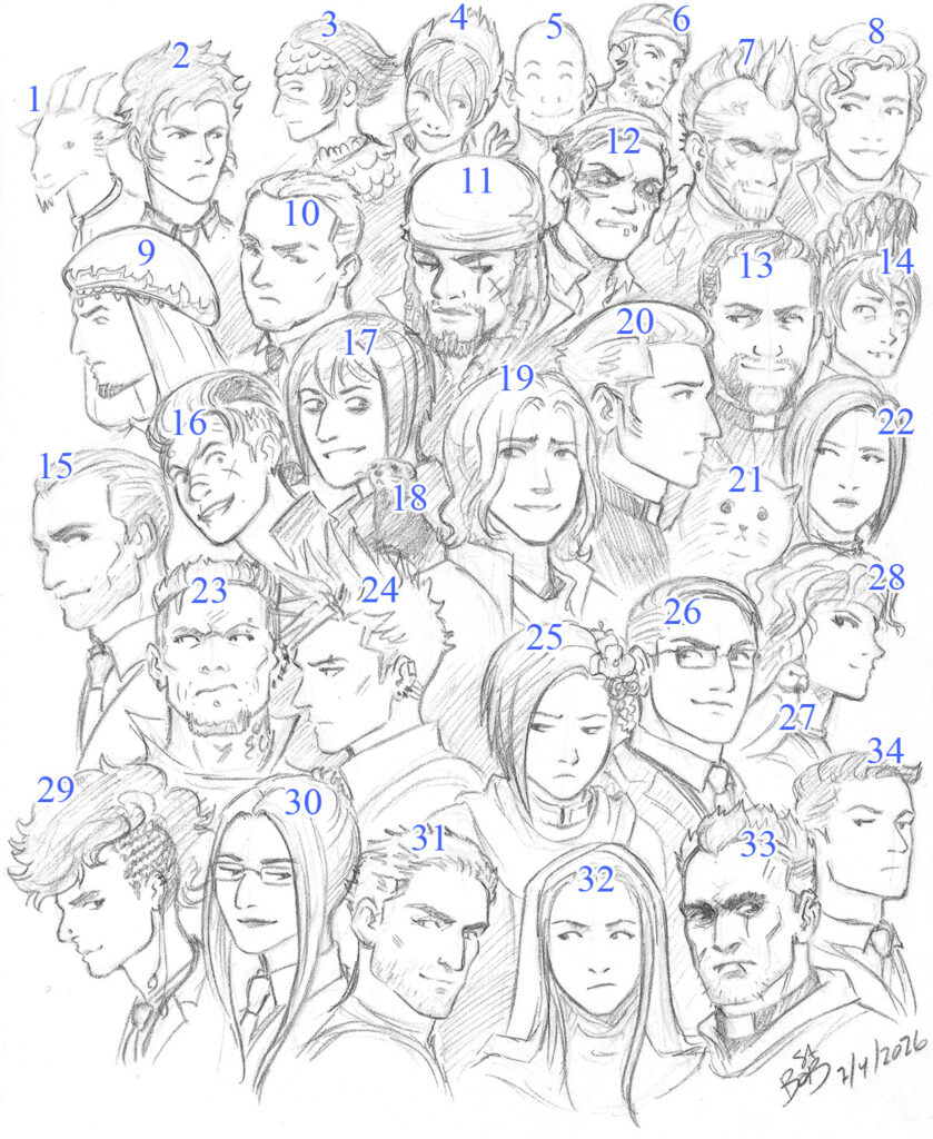The 1000th Patreon sketch. It includes 34 character portraits from Demon of the Underground, Merritt's Story, and Into the Smoke.