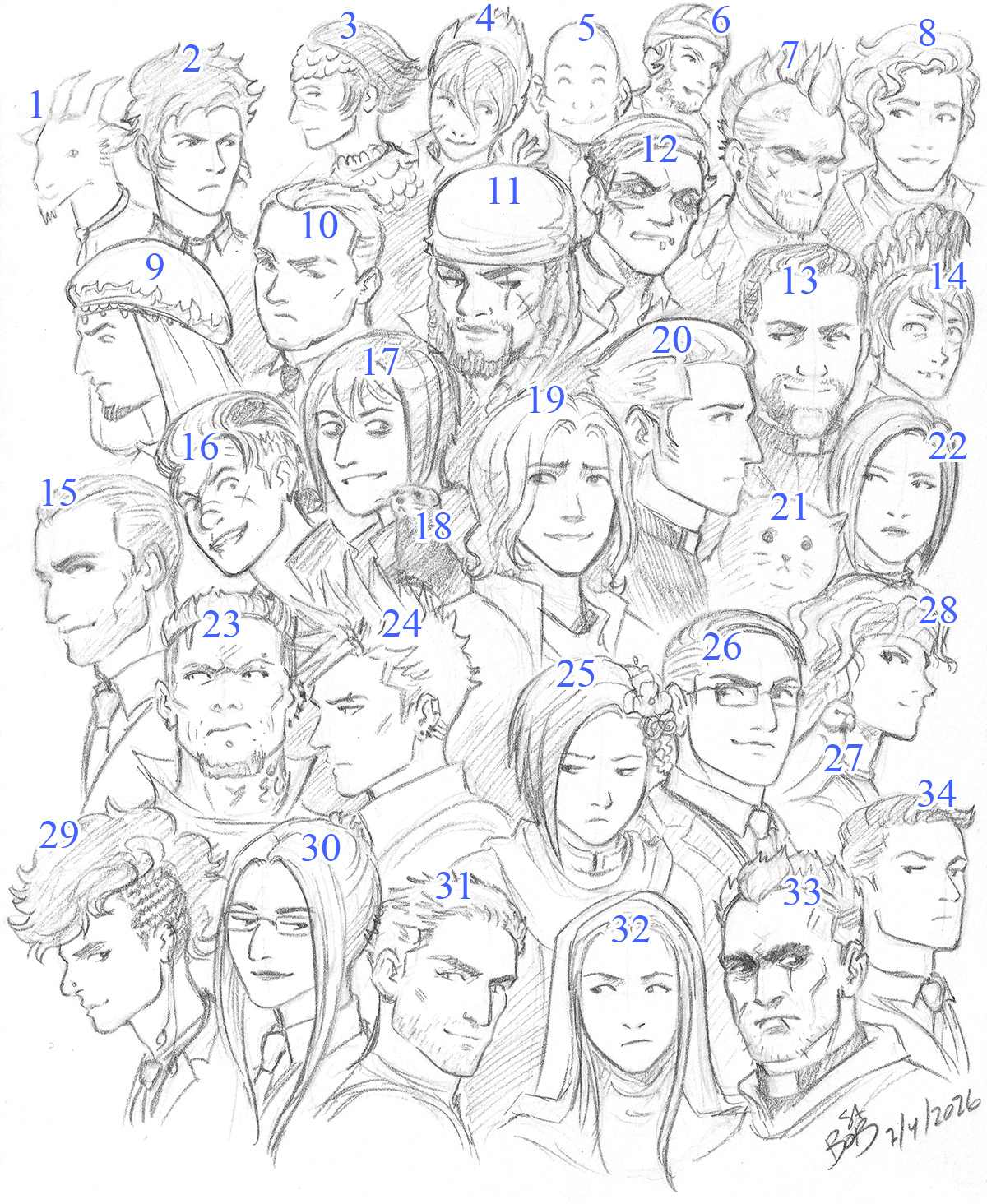 The 1000th Patreon sketch. It includes 34 character portraits from Demon of the Underground, Merritt's Story, and Into the Smoke.