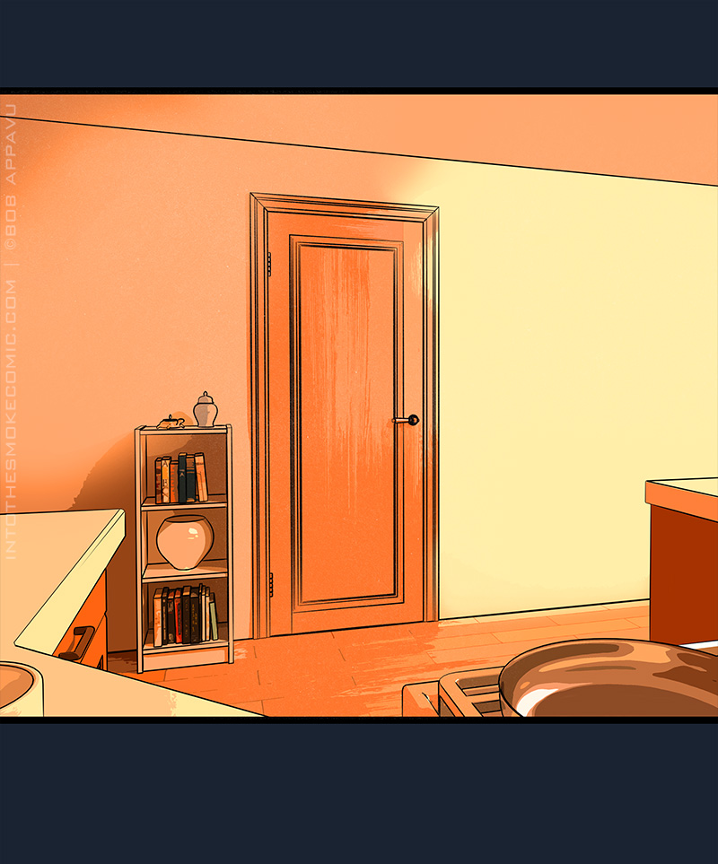 All is still in the homeowner’s kitchen. A view of the closed basement door is shown.