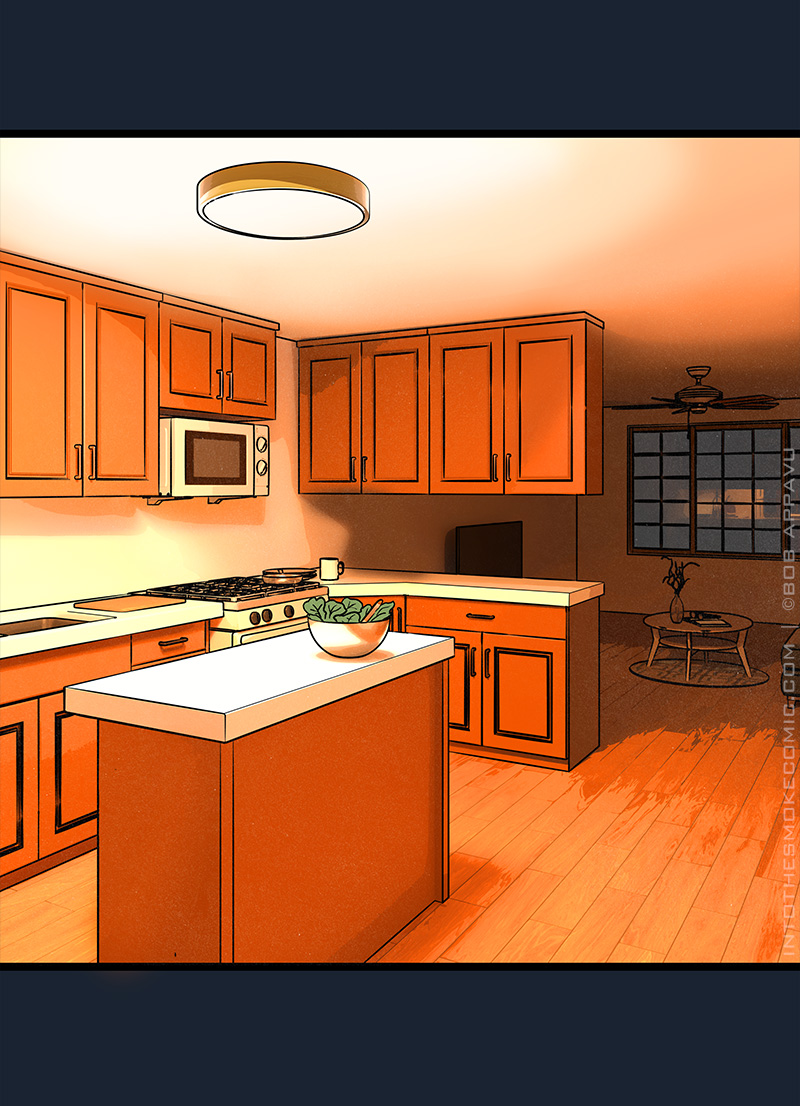 A wide view of the seemingly deserted kitchen is shown.
