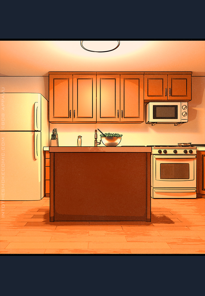 The kitchen is visible from the back side of the counter island, with the fridge, stove, and microwave in the background. An untouched salad bowl sits on top of the counter island.