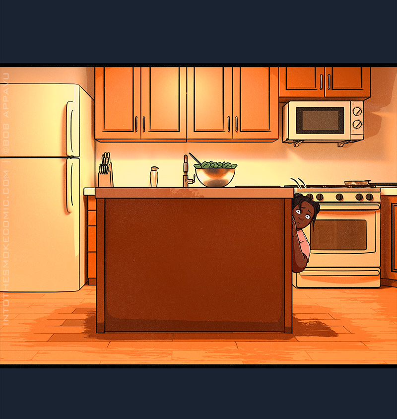 The homeowner peeks out from behind the counter island, wide-eyed.