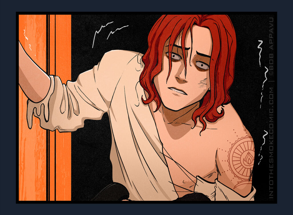 A panel from the webcomic Into the Smoke. Blaze stands in an open doorway, revealing a haunted expression on his gaunt face. Dark circles appear under his pinned, unfocused eyes, and his cheek is scuffed. His shirt is ripped and hanging off his shoulder.