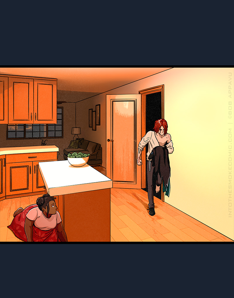 Blaze stumbles across the kitchen as the homeowner crawls behind the counter in the same direction.