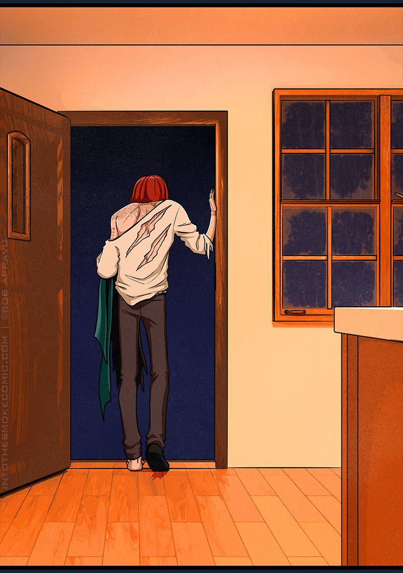 Blaze braces himself in the front doorway, where the night sky is visible ahead. His shoulders are hunched, and the back of his shirt has large gashes torn across it.