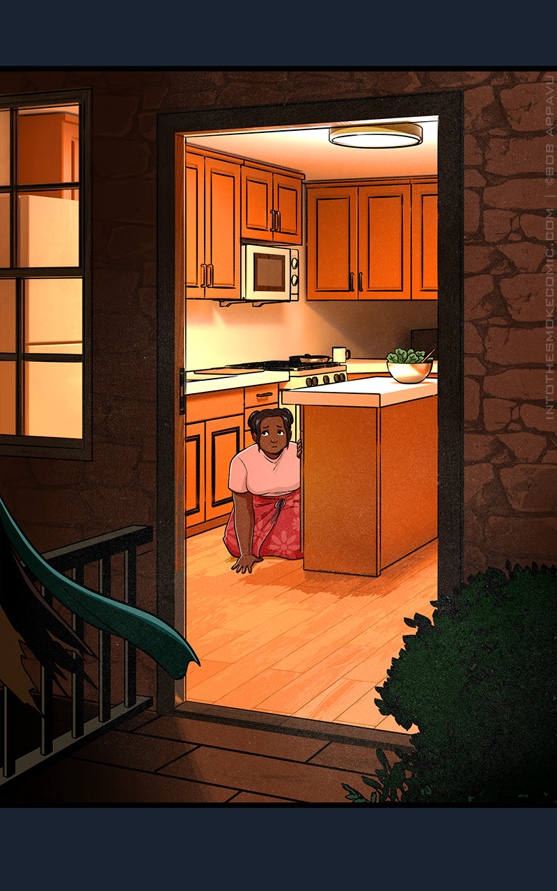 The homeowner kneels behind the kitchen counter, staring out the open door as Blaze disappears into the darkness.