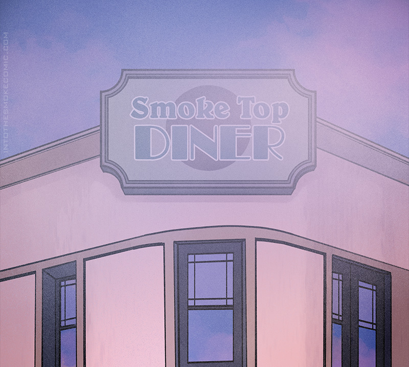 The view pans down to a corner building with a sign that reads, “Smoke Top Diner.”