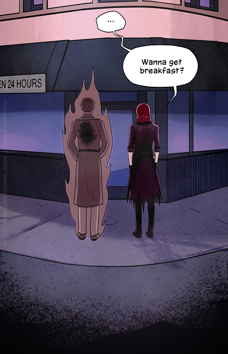 Alastor and Blaze stand side by side at the building’s entrance. Blaze, pauses, then asks, “Wanna get breakfast?”