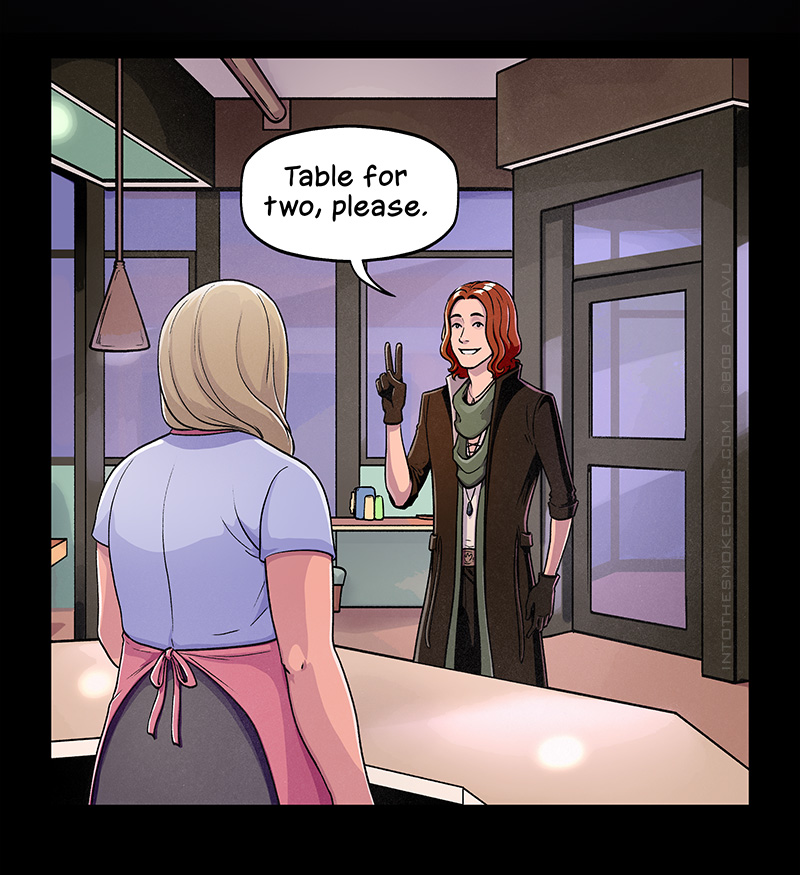 Inside the diner, Blaze stands alone at the hostess’s counter. Holding up two fingers, he smiles and says, “Table for two, please.”